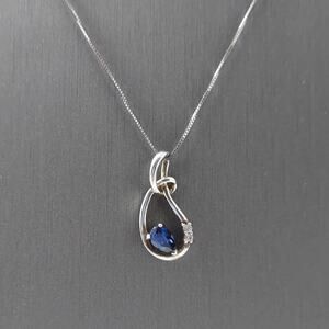 Blue Sapphire & Diamond Teardrop Knot Pendant Necklace Sterling 18" Chain 925
